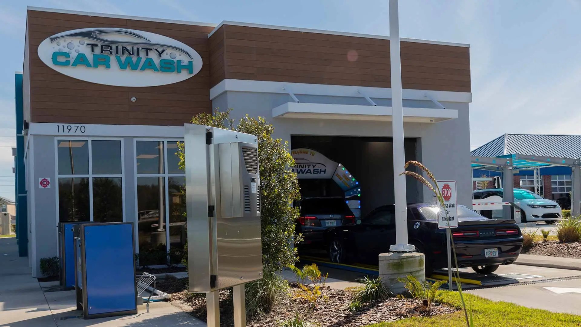 Close up photo of a custom car wash facility's entrance.