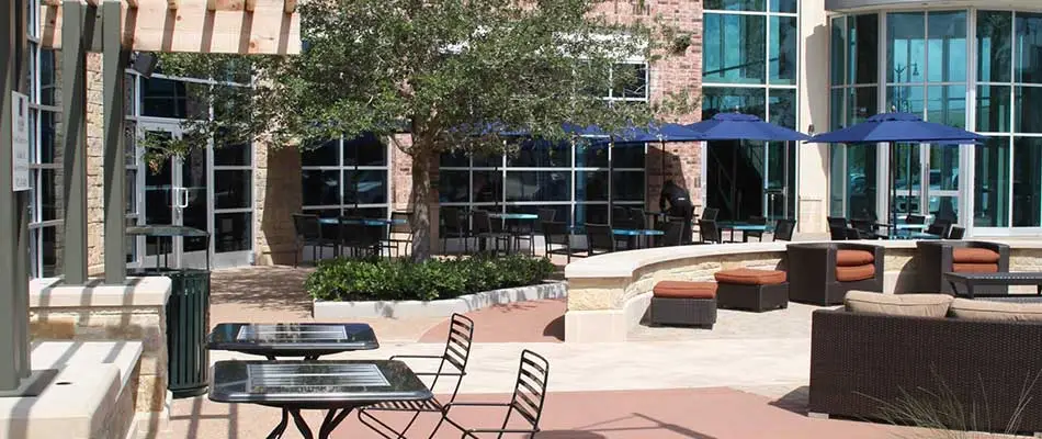 Exterior photo of outdoor seating construction at the Ocean Blue restaurant in Fairview.